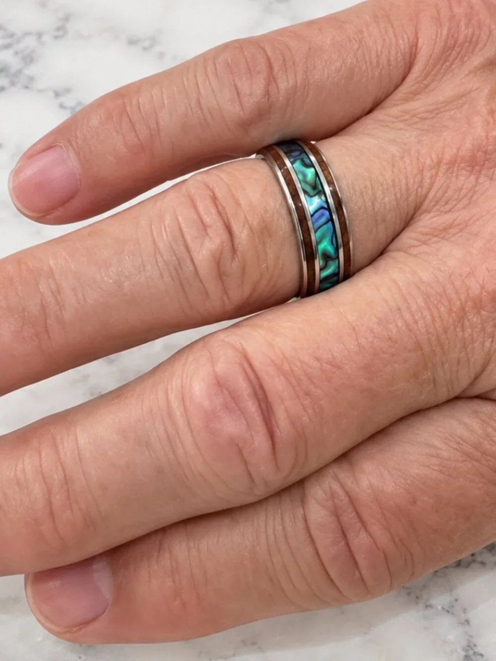 Men's Abalone Inlay Tungsten Ring with Wood Accents - Blue/Green